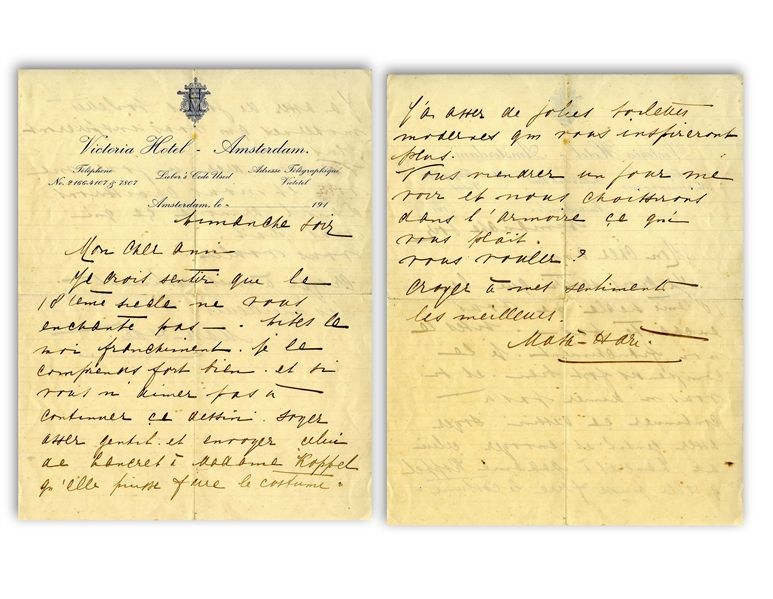 Mata Hari Autograph Letters Signed to Her Lover -- ''...I understand...when a woman forgives the lover that she depends on, but since I loved you only for who you are, I do not forgive you...''